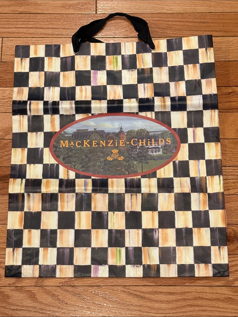 MacKenzie-Childs Black and Cream Painted Checker Shopping Bag